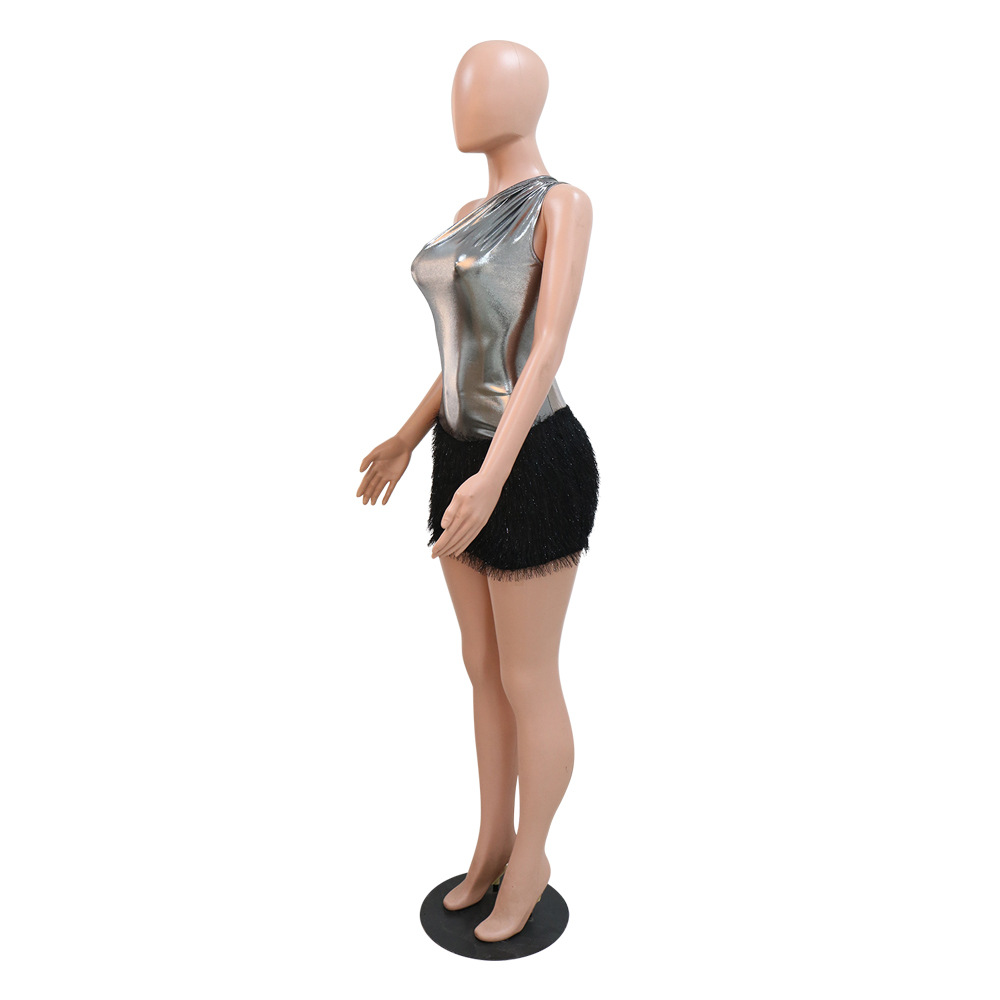 Women's Clothing New Product Fashion Sexy Slim Fit Hip Covering Bright Leather Knitted Wool One Shoulder Short Skirt_voghion.com