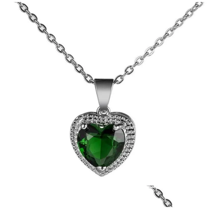 Pendant Necklaces Diamond Heart Necklace Stainelss Steel Chain Women Girls Red Green Crystal Fashion Jewelry Will And_voghion.com