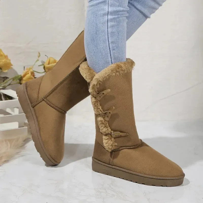 Vrouwen Sneeuw Winter Mid-calf Warm Katoenen Schoenen Mode Effen Kleur Knoop Dames Bruin Lange Laarzen Plus Maat 41 240830_voghion.com