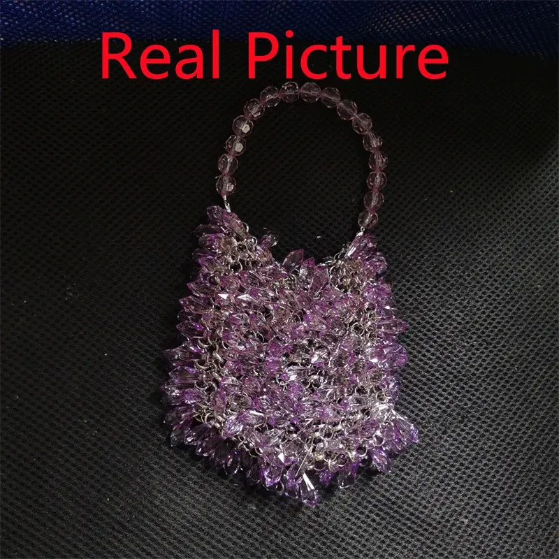 Borsa a secchiello piccola da sera in cristallo trasparente intrecciato a mano, verde, blu e giallo, fatta a mano, estiva_voghion.com