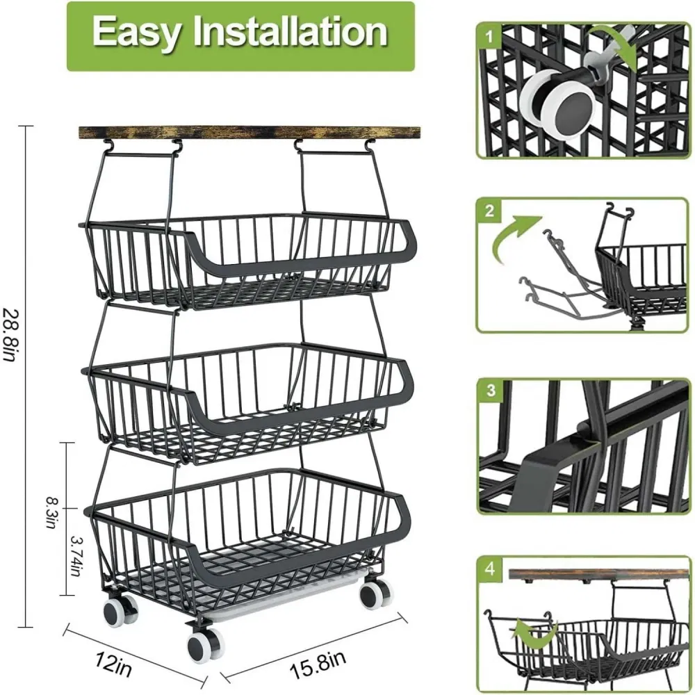4/5/6 Tier Fruit Basket For Kitchen Organizers And Storage,with Solid Wood Top,Stackable Metal Wire Basket Stand Cart With Wheels For Fruit Vegetable_voghion.com