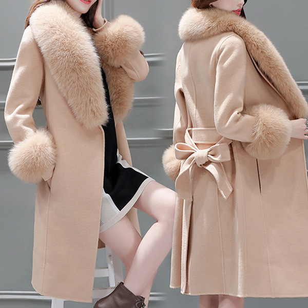 ​​Women’s Mid-Length Wool Coat With Detachable Fur Collar - Korean Style Winter Coat (S-3XL, Camel ) - Slim Fit, Warm & Elegant Outerwear​​