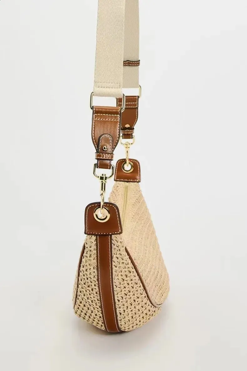 Borsa a tracolla da viaggio a mezza luna in paglia intrecciata alla moda per donna, borsa a tracolla fatta a mano 240907_voghion.com