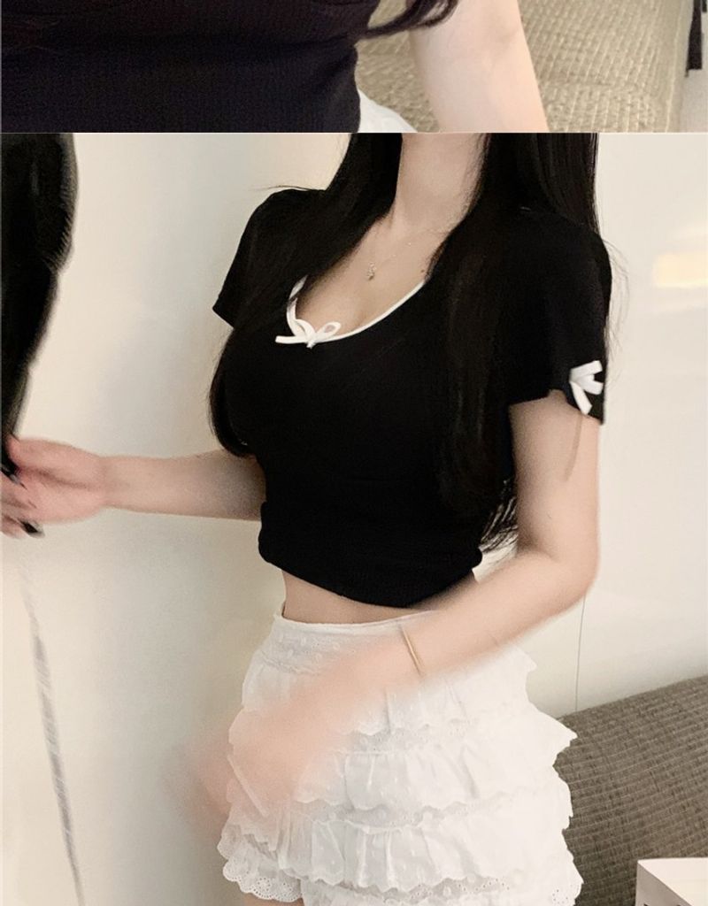 Tricou de vară pentru femei, cu mânecă scurtă, decolteu scurt, cu fundă, Pure Desire, sexy, cu claviculă expusă, cu fundă în U_voghion.com