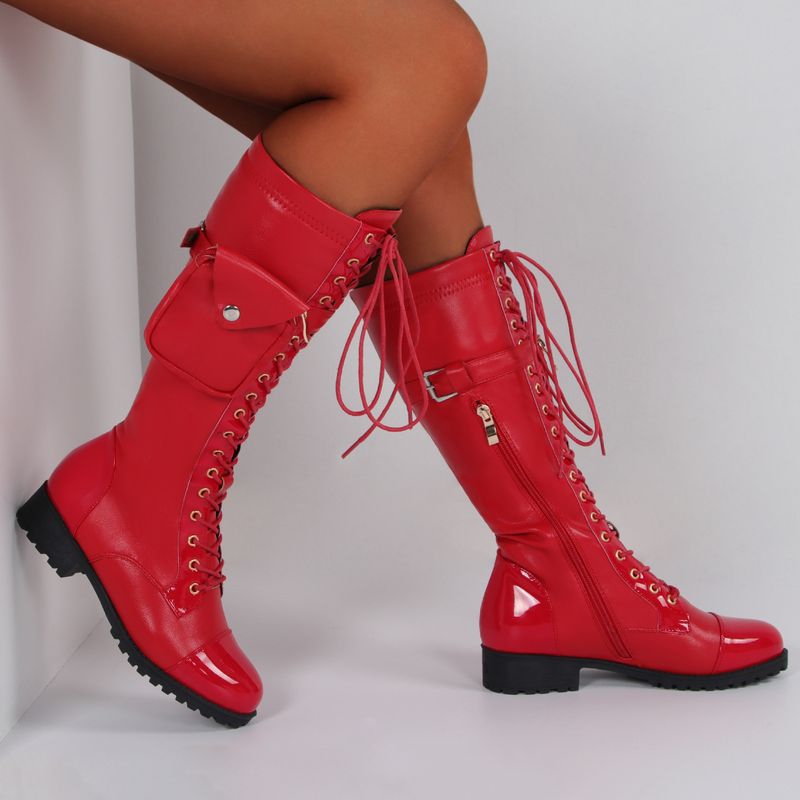Modne buty do połowy łydki z okrągłym noskiem, zapinane na suwak z przodu i sznurowane, damskie w dużych rozmiarach_voghion.com