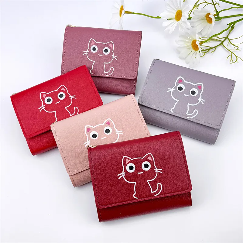 Damen süße Katze kurze Brieftasche Leder kleine Geldbörse Multi-Kartenhalter Geldbeutel_voghion.com
