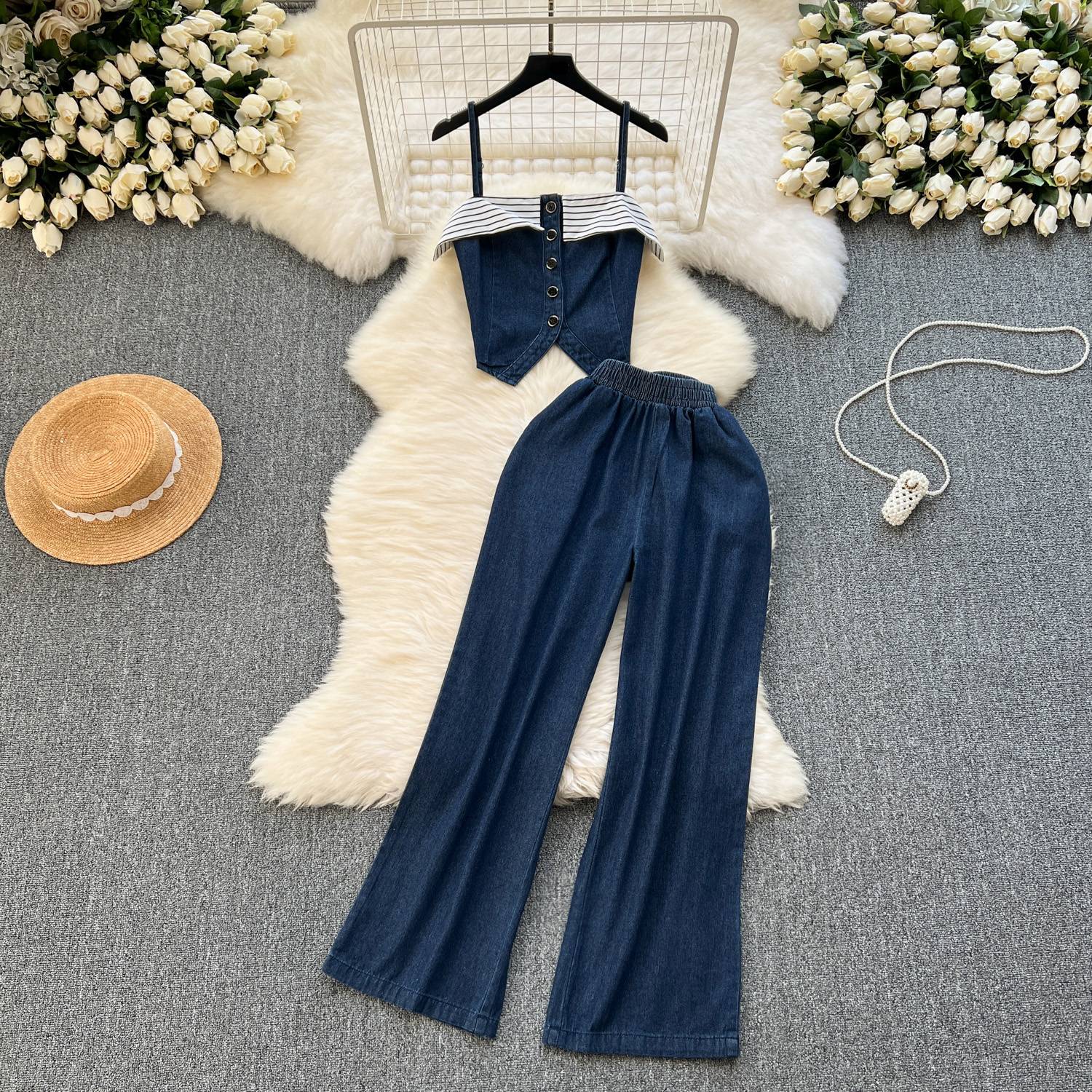 Women's chic Hong Kong style retro denim suit for women design striped camisole fashionable and versatile wide-leg pants two-piece suit