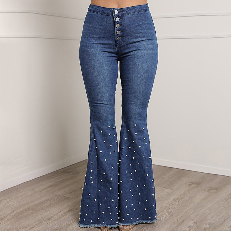 stretch jeans casual beaded flared trousers_voghion.com