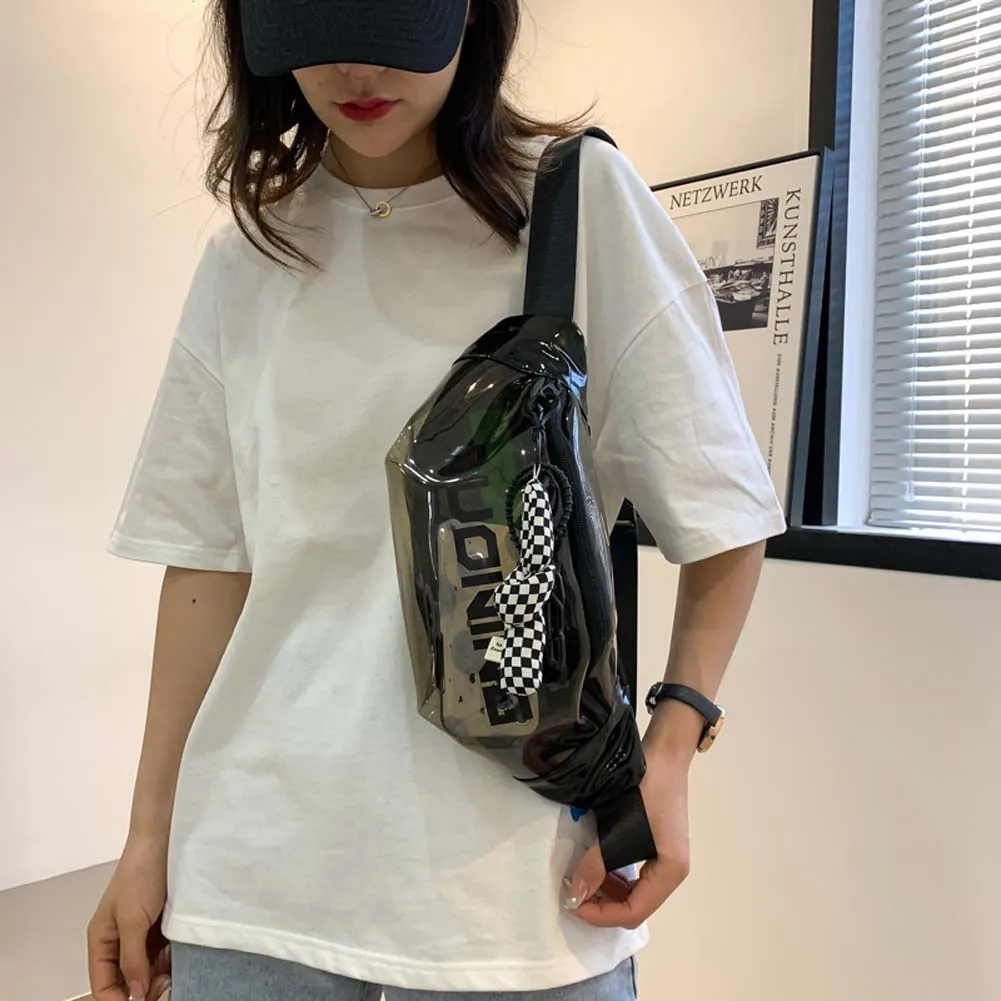 Fashion Fanny Packs Unisex Clear PVC Waist Pouch Multi-functional Letter Printed With Pendant Adjustable Buckle Strap_voghion.com