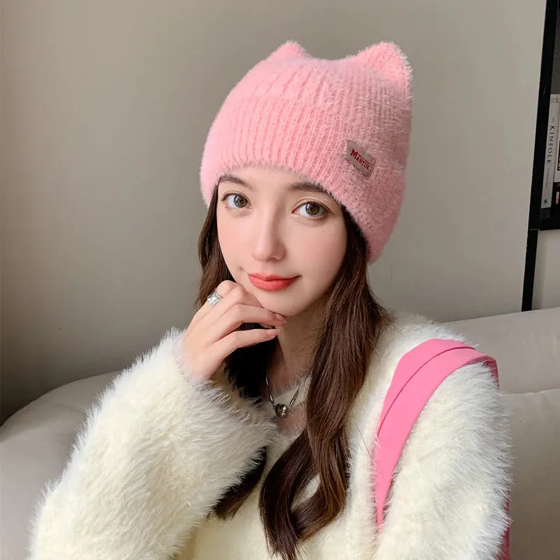 Ženske kape BeanieSkull, slatke mačje uši, zimska kapa s ušima, modna krznena pletena Kpop stila, mekane kape Beanie, ženske slatkiši_voghion.com