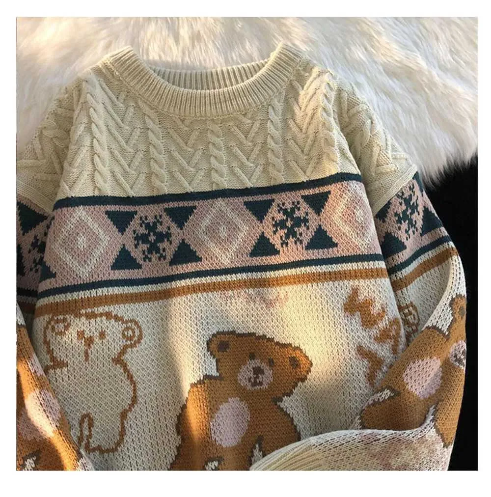 Niedlicher Bär Übergroßer Herren High Street Stricktop Herbstpullover Lose Haruku Kawaii Weiß Damen Paarpullover_voghion.com