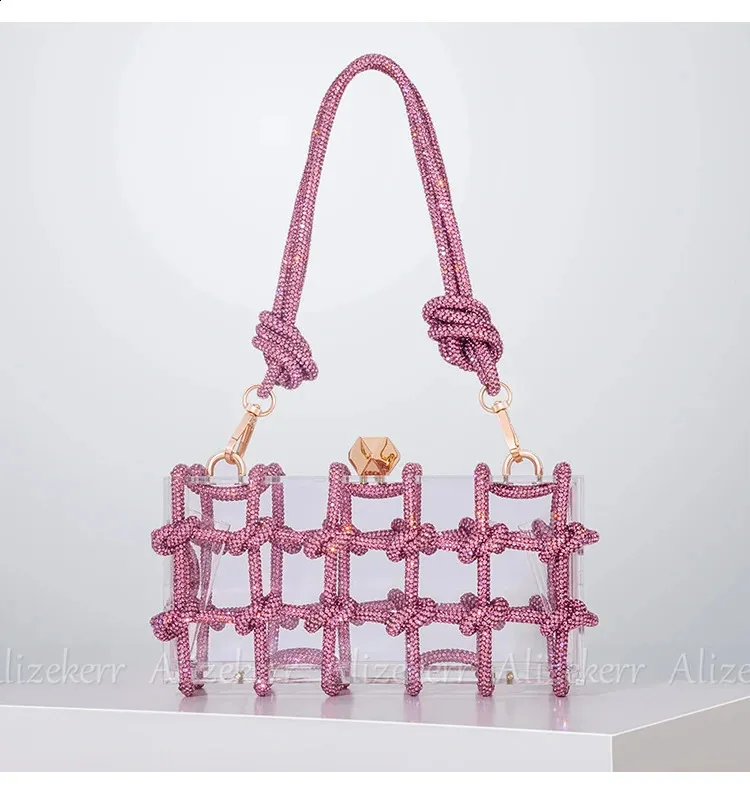 Bolsos de mano de noche con caja de acrílico transparente Dia para mujer, bolsos de mano y carteras de mano con cuerda anudada tejida, para bodas y fiestas_voghion.com