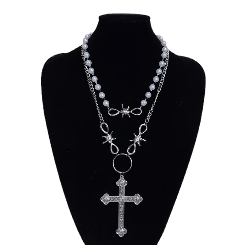 Unisex Gothic retro punk cross pearl necklace_voghion.com