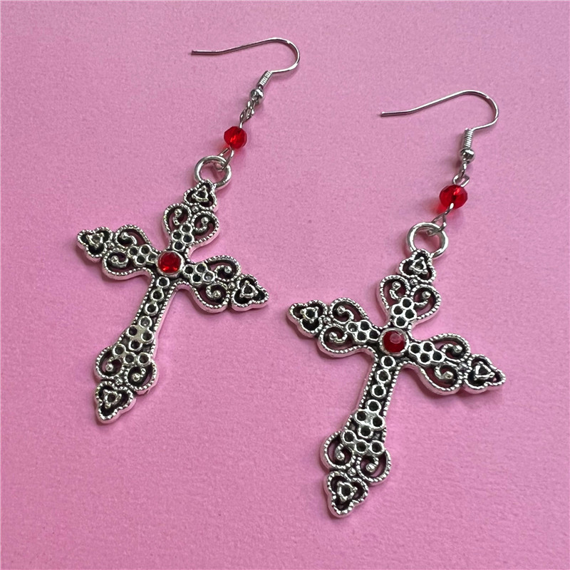 Gothic oversized detail crossed black cross with diamond earrings_voghion.com