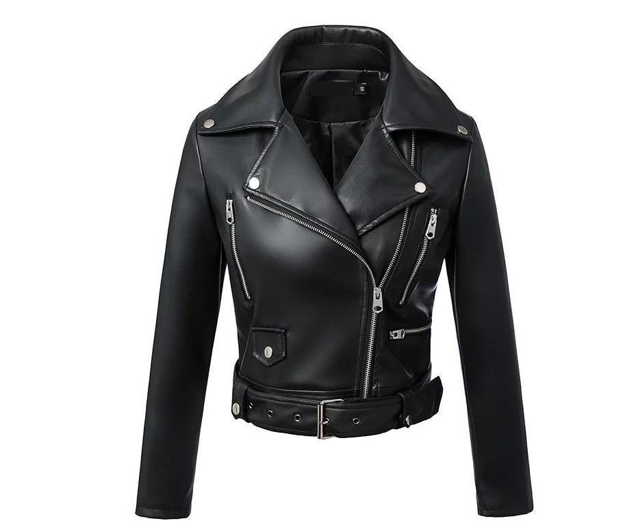 Women's Leather Jacket High Waist Slim Fit Biker Style Black_voghion.com
