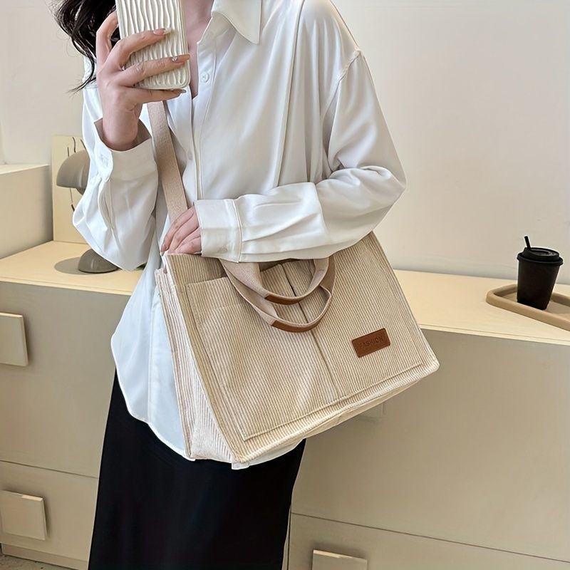Damen-Cord-Einkaufstasche, große Kapazität, Handtaschen für Frauen, Pendeln, Damentasche, Messenger-Umhängetasche,_voghion.com