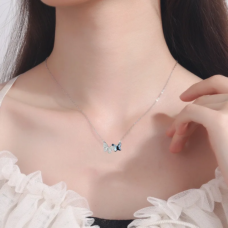 Collane con ciondolo da donna, elegante catena alla moda, a forma di farfalla blu, in argento sterling, collana rotonda 230426_voghion.com