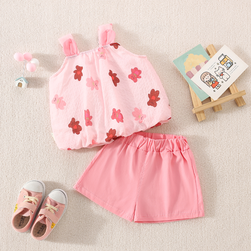 Set de haine de vară din bumbac pentru bebeluși, ursuleț de pluș drăguț, imprimat, top cu snap + pantaloni scurți confortabili de culoare solidă_voghion.com