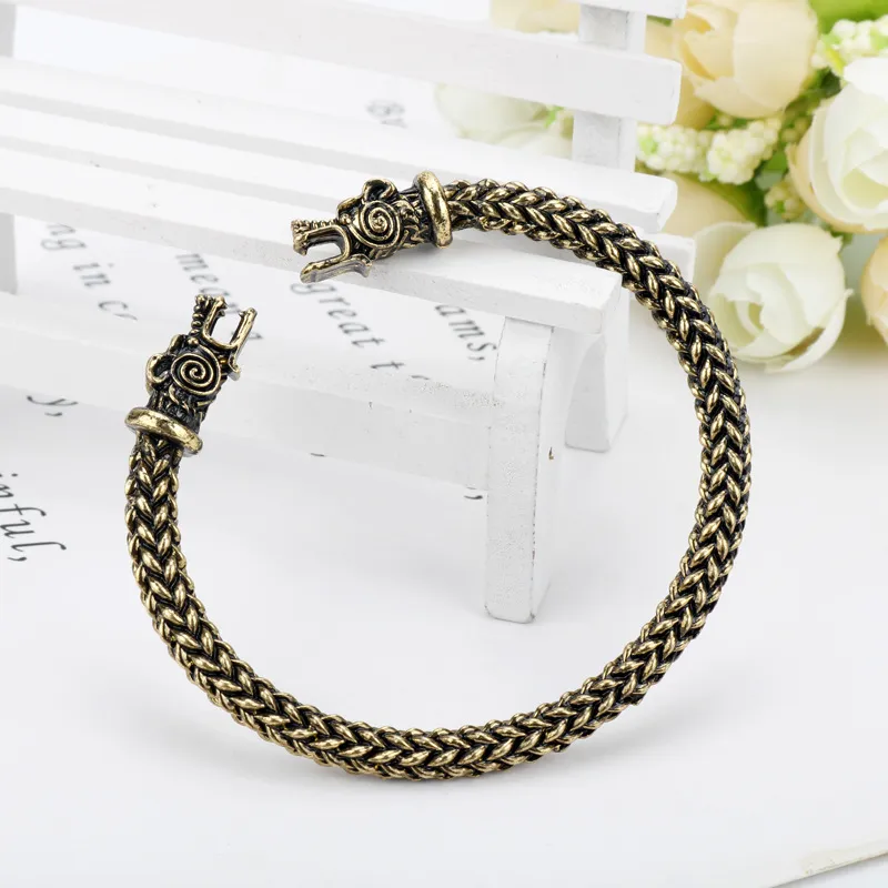 Viking Dragon Bracelet For Men Open Cuff Silver And Bronze Tone_voghion.com
