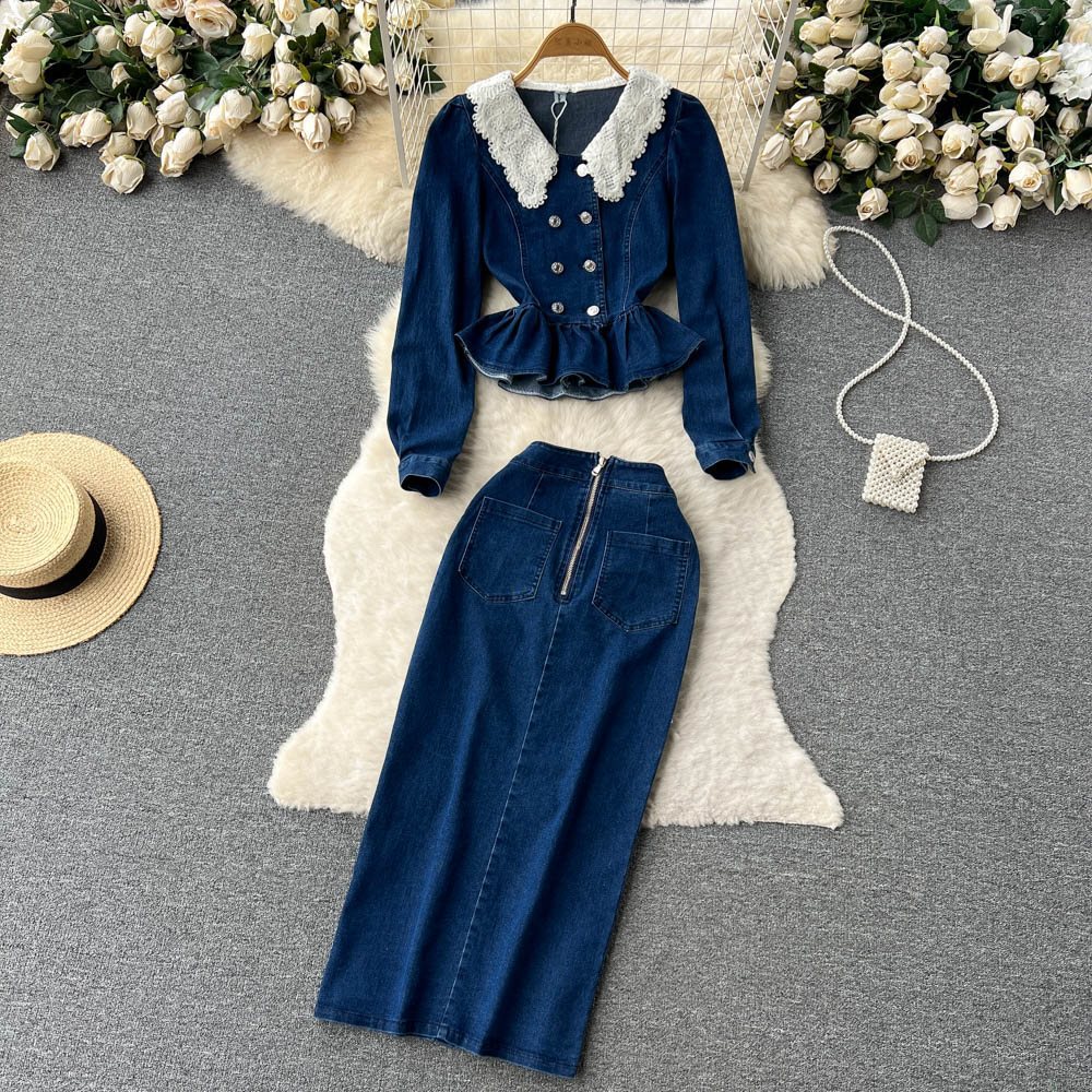 Women's Lace Doll Collar Denim Jacket + Medium-length Hip Skirt Two-piece Suit