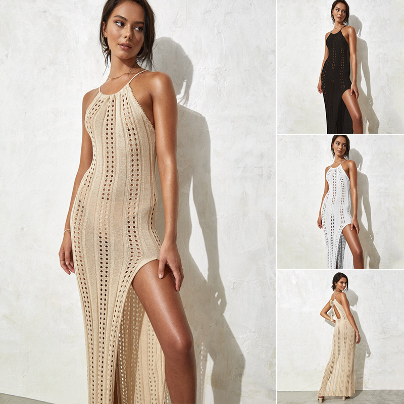 Vestido de playa con tirantes para mujer, traje de baño hueco de punto sin mangas de color sólido, Vestido de playa para vacaciones para mujer