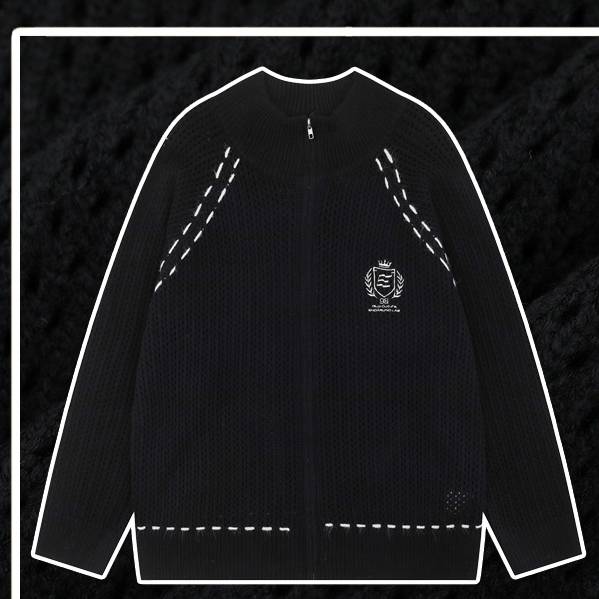 ​​Retro Embroidered Baseball Jacket, Open-Knit Drop Shoulder Zip-Up Cardigan In Beige & Black – Unisex Vintage Streetwear​​_voghion.com