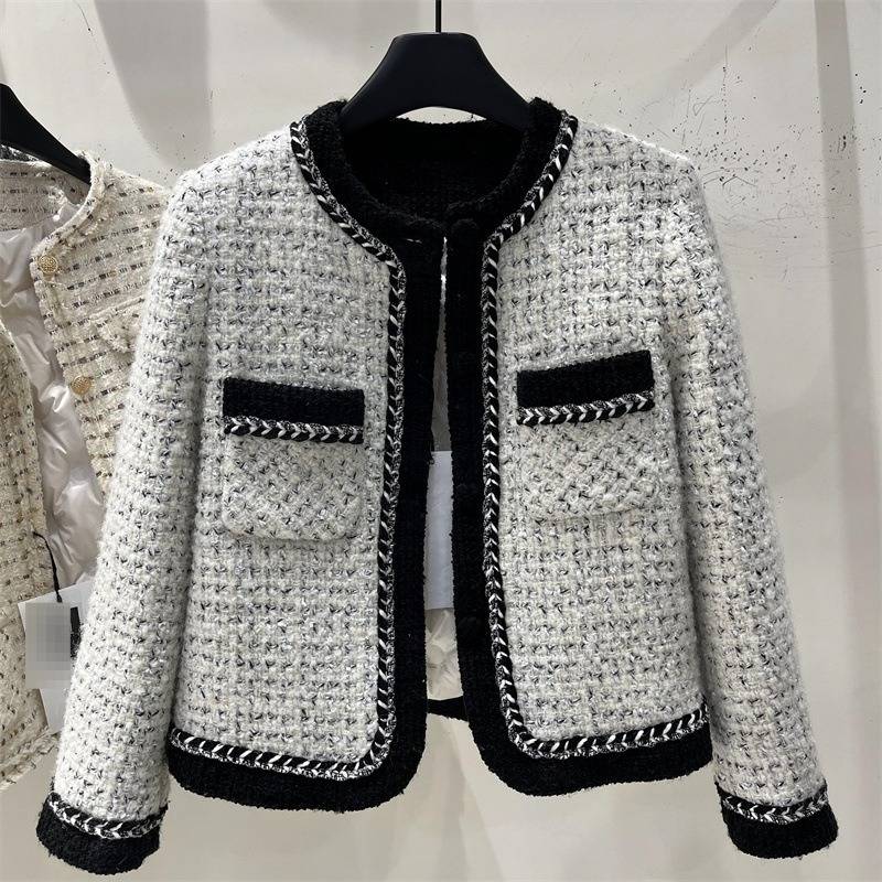 Elegant Tweed Down Coat For Women - Winter Long Puffer Jacket With Contrast Collar, Thickened White Duck Down Lining, French Style Petite Outerwear​_voghion.com