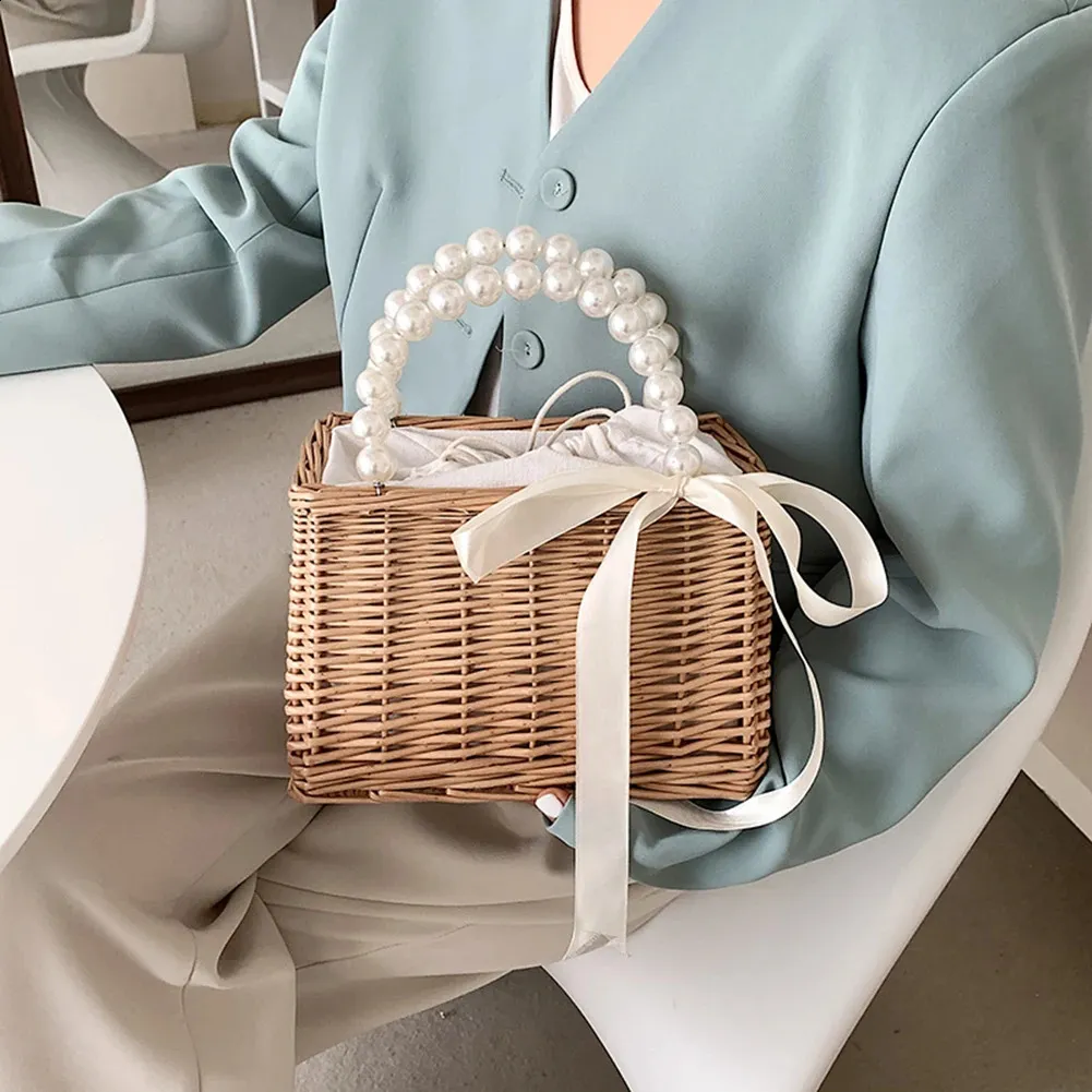 Damen Stroh und Handtaschen Sommer Rattan Handgemachte Tragetaschen Damen Bänder Sommer Strandkorb Perlen Reisetasche_voghion.com