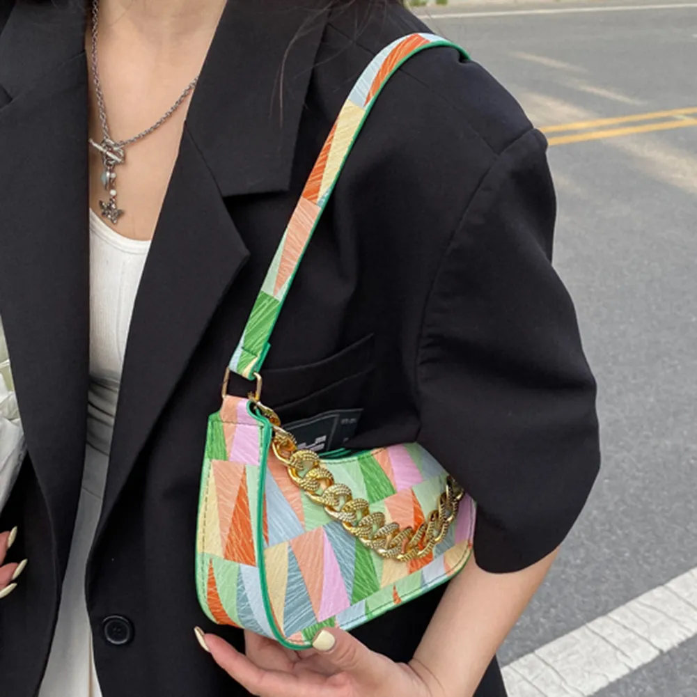 Borsa a tracolla da donna in pelle PU con tracolla spessa, stampa triangolare colorata, elegante e alla moda per i viaggi._voghion.com