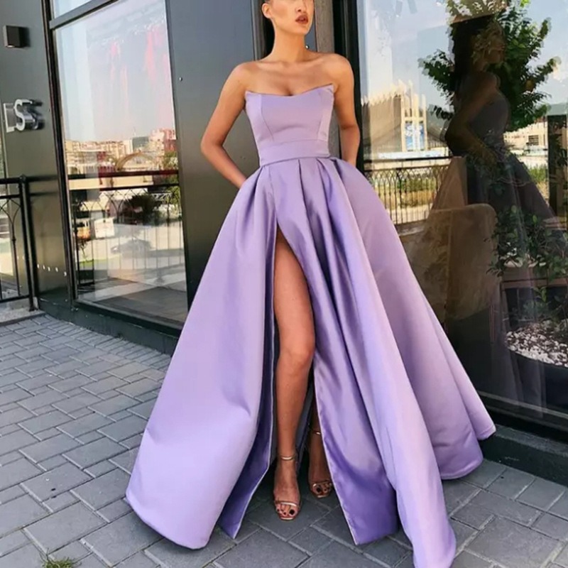 Women's Clothing Performance Costume Sexy Tube Top Slit Long Banquet Host Evening Dress