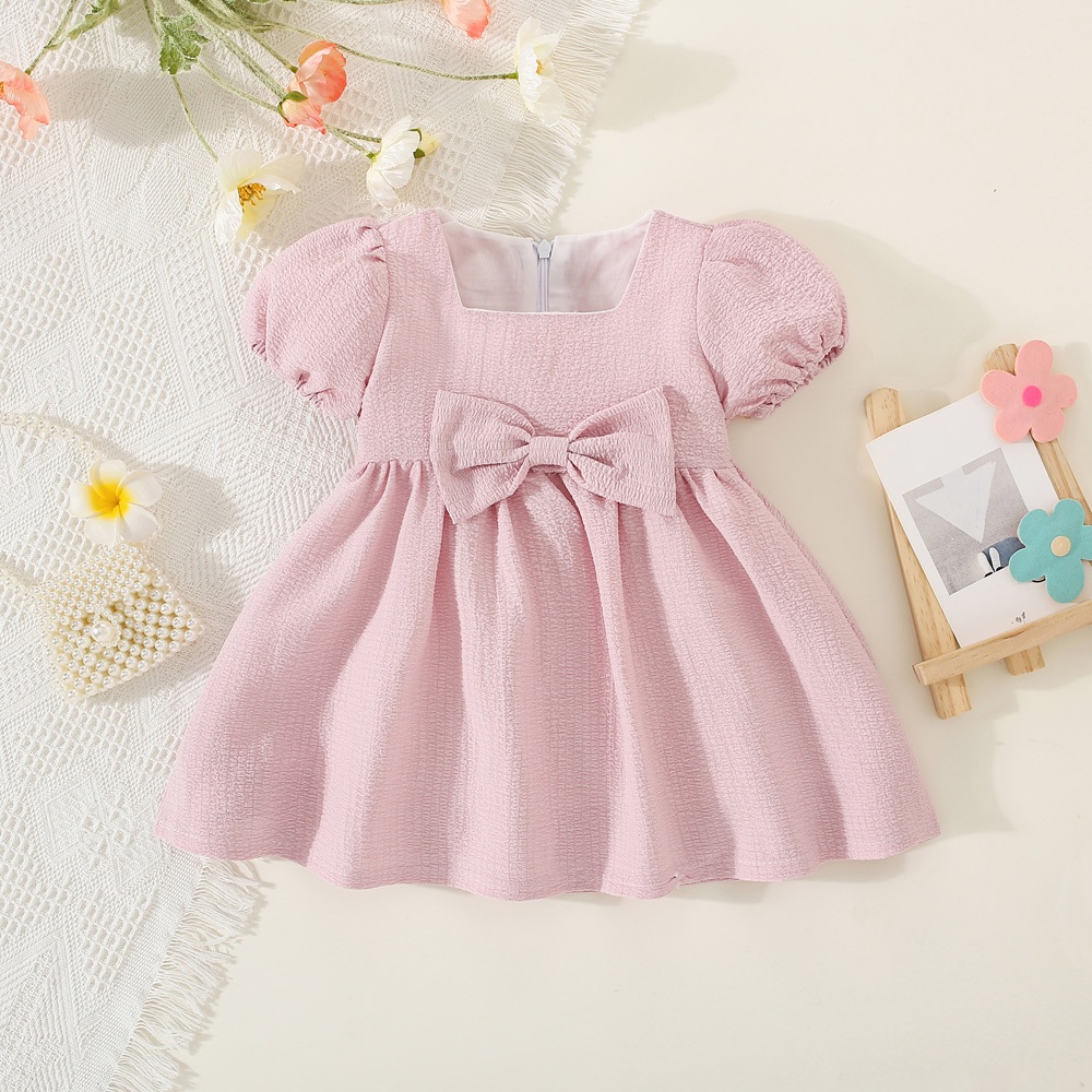 Vestido de verano de manga corta para niña, color liso, con mangas abullonadas y lazo, ropa cómoda para niños_voghion.com