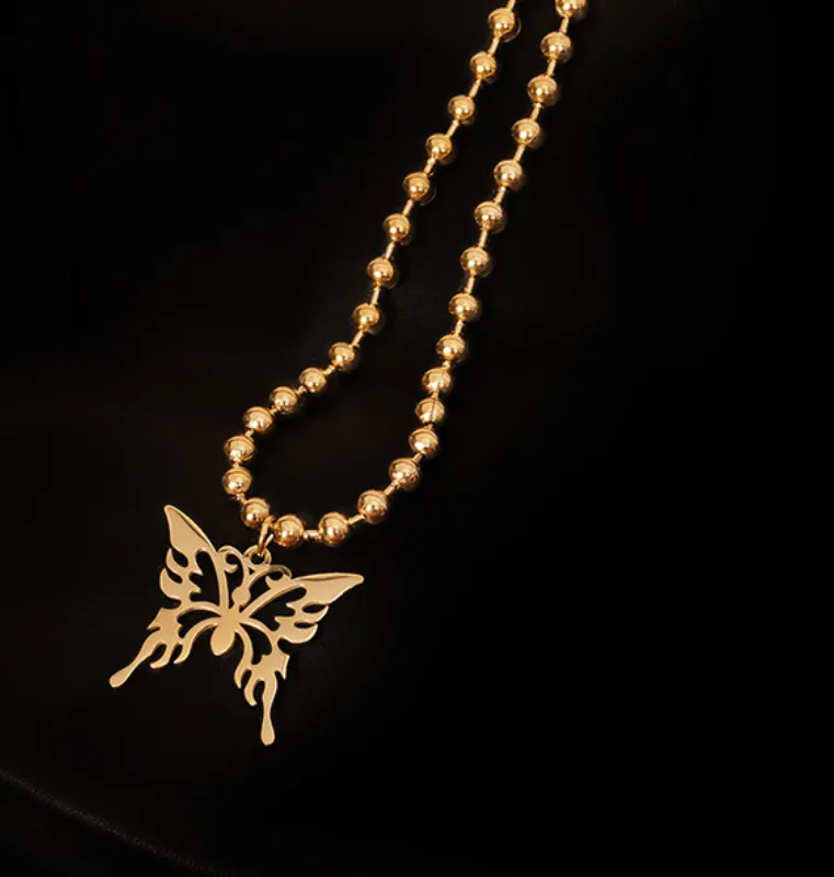 Ketten Einfache Aushöhlen Schmetterling Anhänger Runde Perlenkette Titan Stahl Halskette Für Frauen Modeschmuck_voghion.com