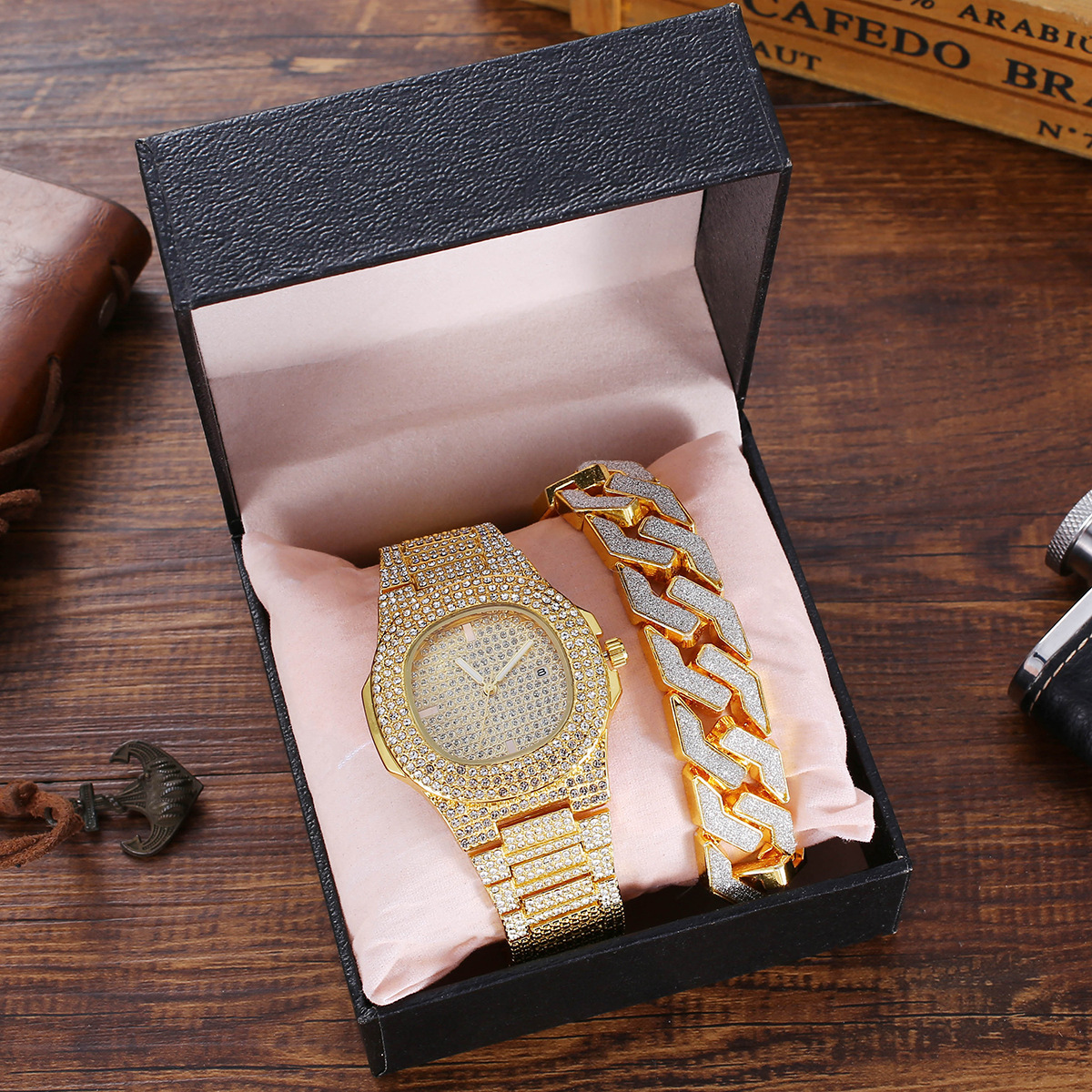 Reloj de cuarzo con calendario y correa de acero con diamantes de lujo a la moda, más pulsera, 2 piezas