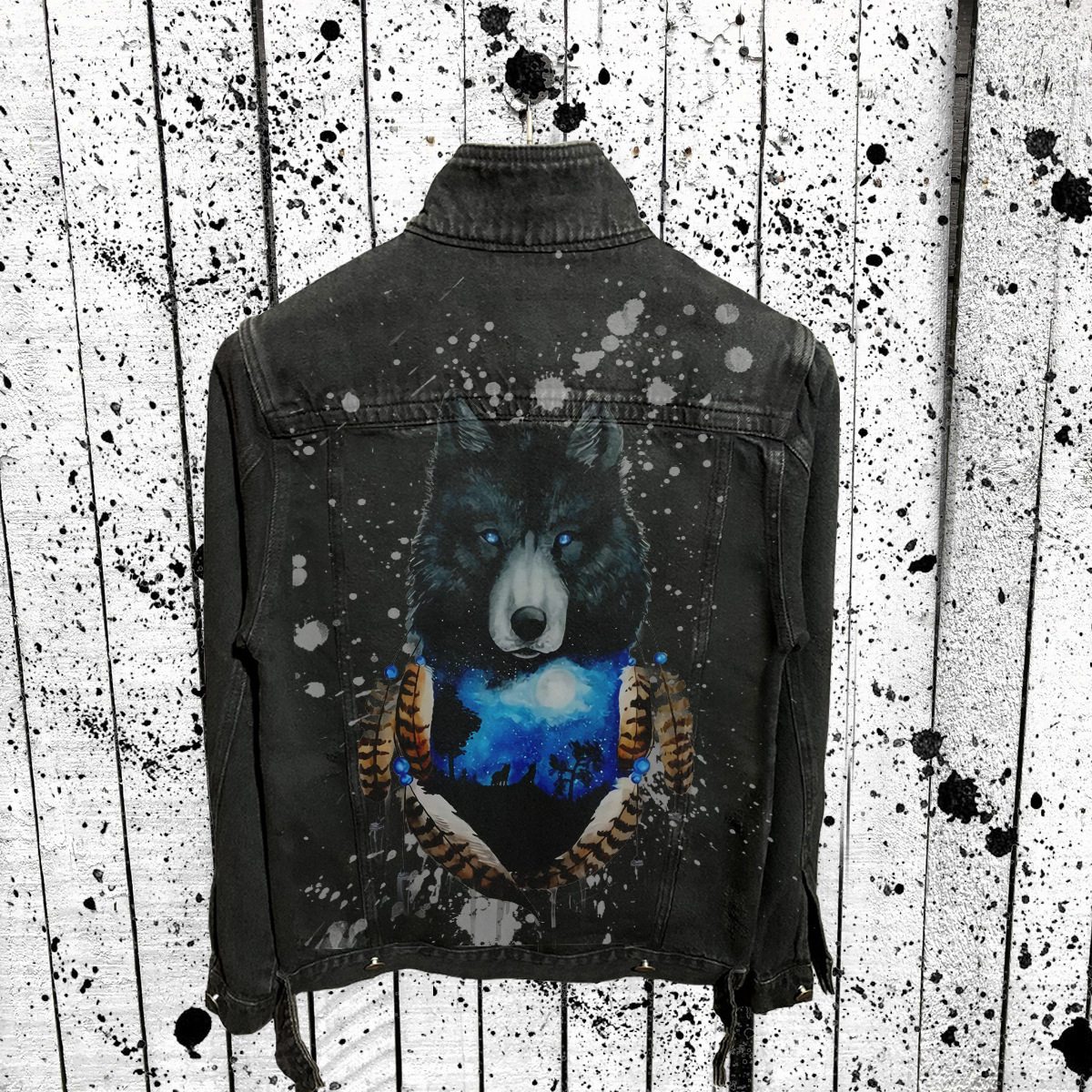 2572 Wolf print men's denim long sleeved autumn/winter lapel jacket short coat