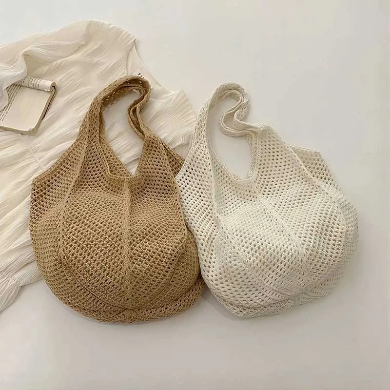 Womens crochet handbag mesh beach large capacity fashionable knitted shoulder solid color simple shopping bag Y241011_voghion.com