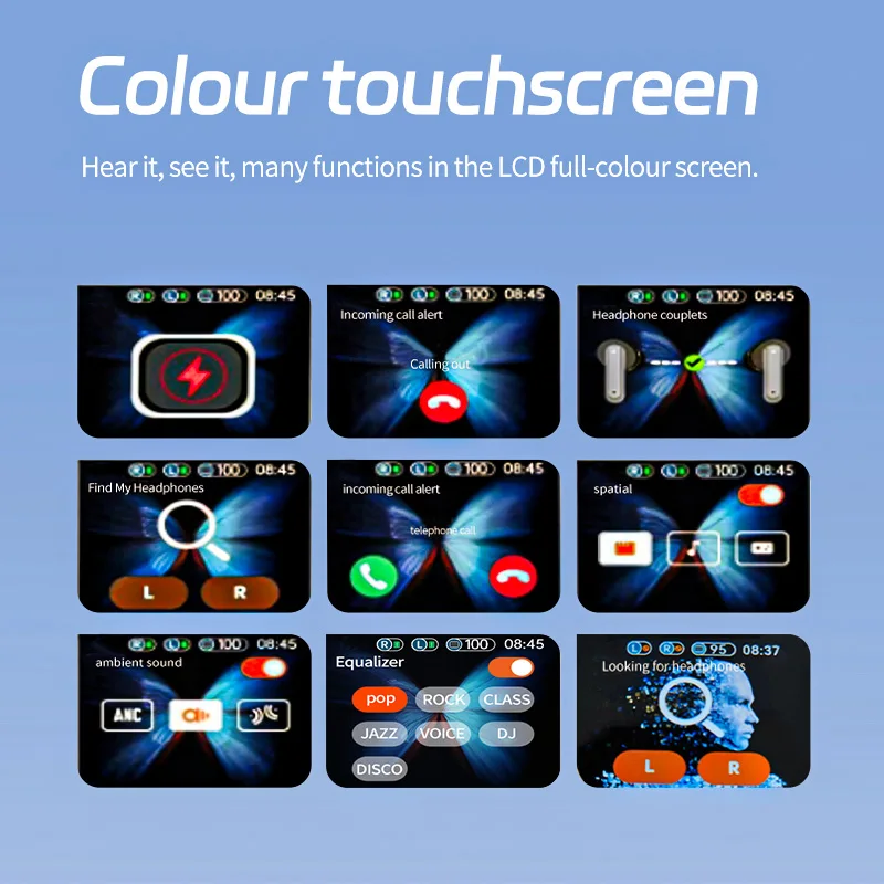 Touchscreen Earbud Wireless Bluetooth Headphones, Long-Lasting Full-Color Touchscreen Sports Noise-Cancelling Headphones_voghion.com