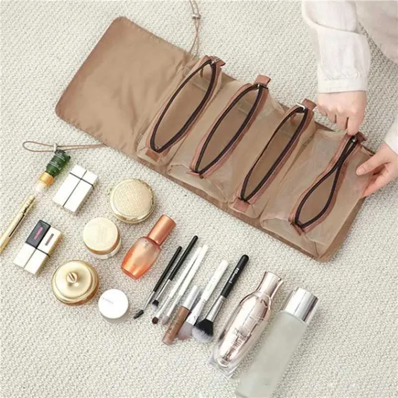 Borsa porta pennelli da trucco pieghevole in nylon con cerniera 4 in 1, indipendente da donna, Y241023_voghion.com