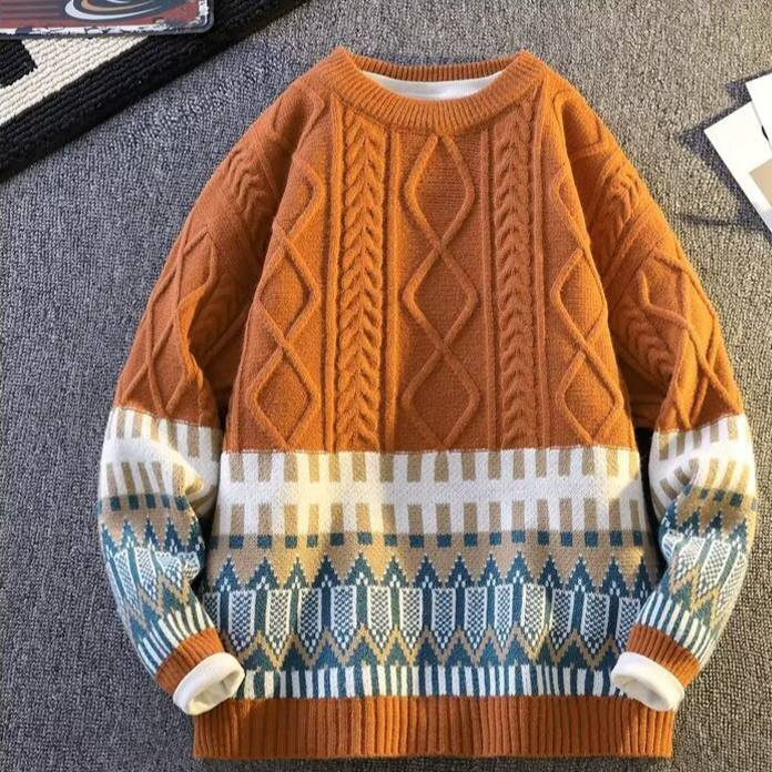 Pull en tricot Fair Isle – Confortable et festif (M-3XL, noir/blanc/bleu marine/orange/rouge, coupe oversize unisexe)_voghion.com
