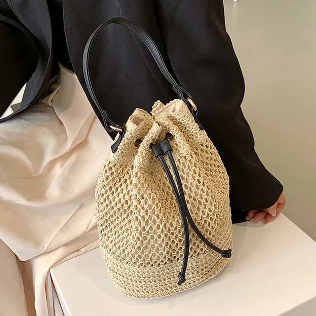 Summer Women Handbags Drawstring Straw Beach Crossbody Bags Adjustable Strap Fashion Casual Simple Elegant For Weekend_voghion.com