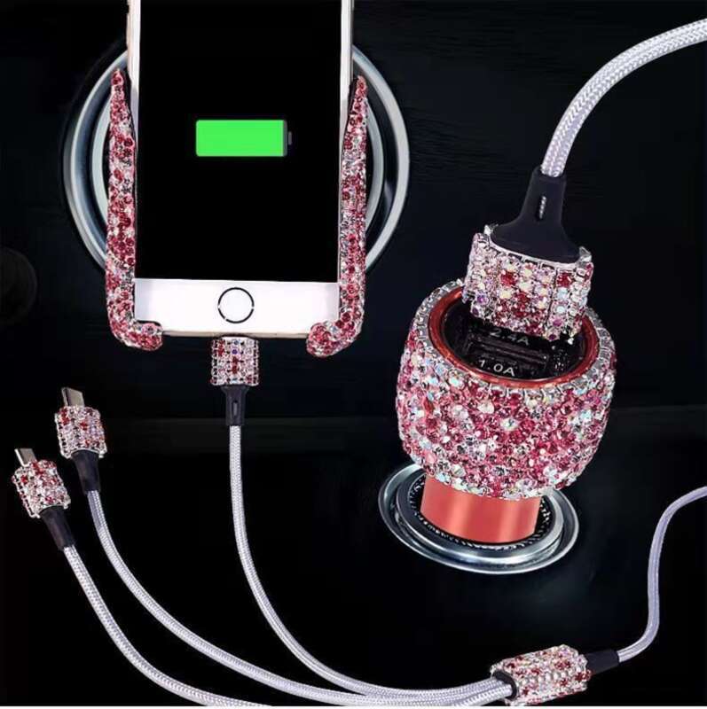 Elmas Gömülü Bir ila Üç Hızlı Şarj Veri Kablosu, Araba USB Çakmak, Cep Telefonu Şarj Cihazı_voghion.com
