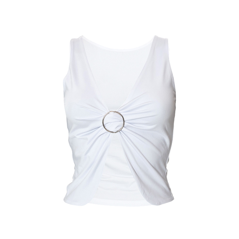 Q22TP273 Summer New 2024 Solid Color Pullover Sleeveless Pleated Open Navel Casual Women's Tank Top_voghion.com