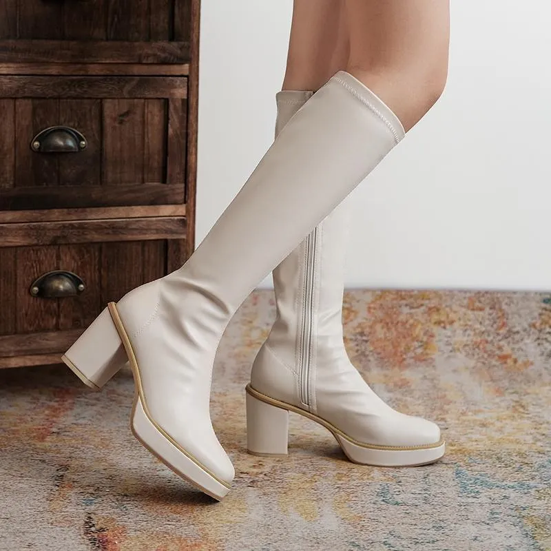 Knee Boots Heel Women's Square Below 2024 Winter Solid Color Fashion Warm Women Shoes Comfortable With Side Z 55_voghion.com
