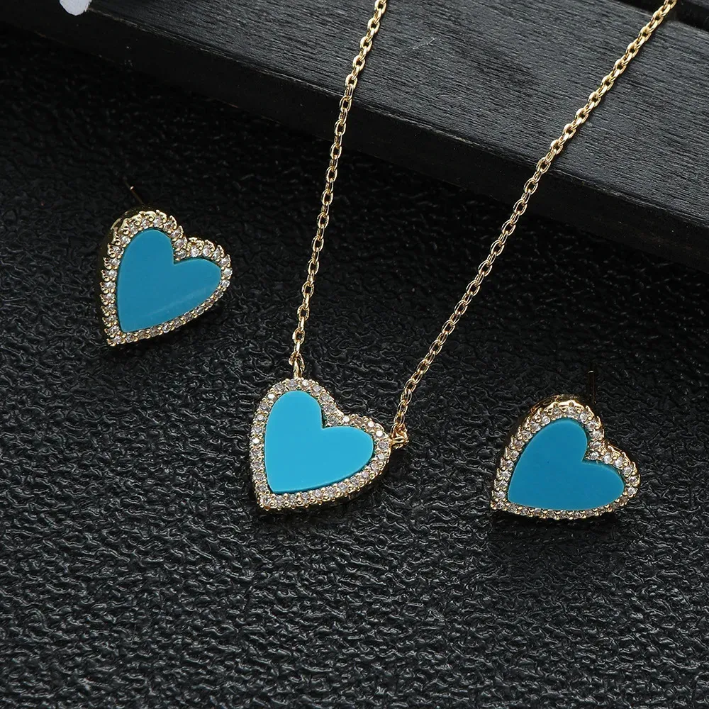 Collar con colgante de corazón romántico, pendientes, collar, joyería para mujer, conjunto de piedras preciosas de fritilaria, regalo de boda, moda encantadora_voghion.com