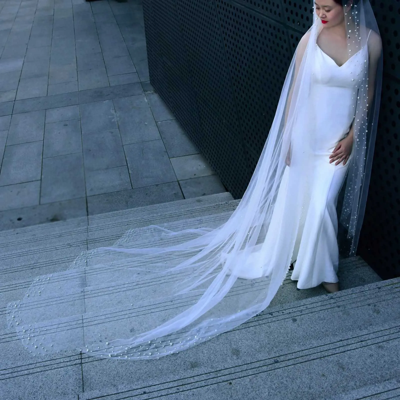 Gioielli per capelli V145 Velo da cattedrale extra lungo 3M Perle larghe Veli da sposa in rilievo con pettine Accessori da sposa Bianco Avorio_voghion.com