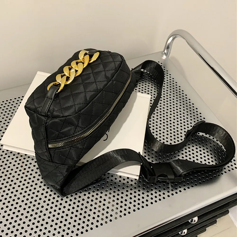 Bolsa tiracolo acolchoada com corrente grossa, casual, alça ajustável, simples e portátil para fim de semana_voghion.com
