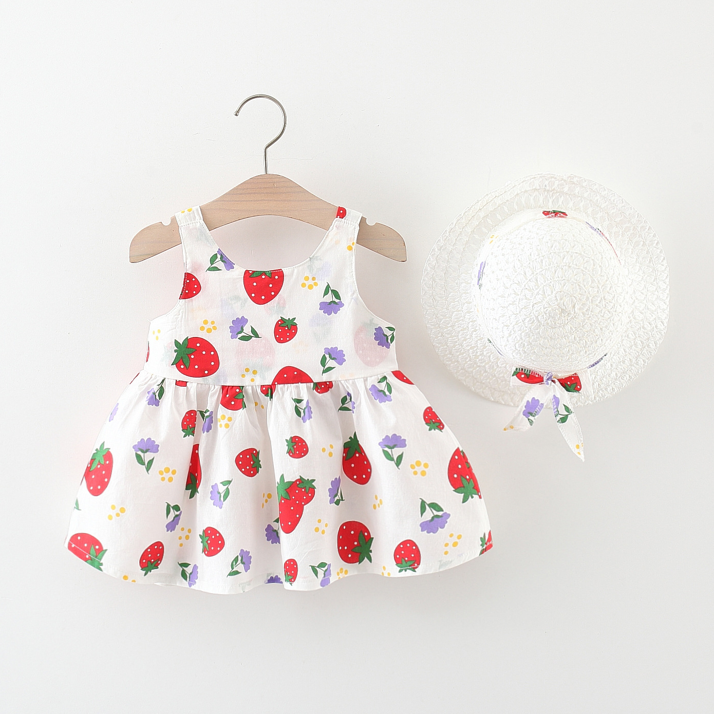 Vestido para niña con estampado de fresas y lazo, ropa de playa para bebé, sombrero incluido_voghion.com