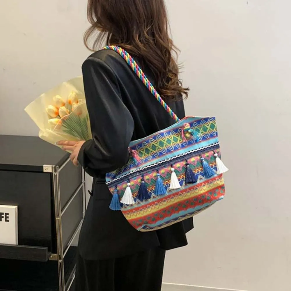 Stripe Ethnic Shoulder Tassel Large Capacity Canvas Colorful Handbag Travel Storage Bag Korean Style_voghion.com