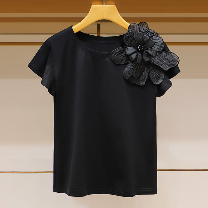 Women's Clothing classic round neck three-dimensional flower decoration fashionable lotus leaf sleeve loose slim fit top