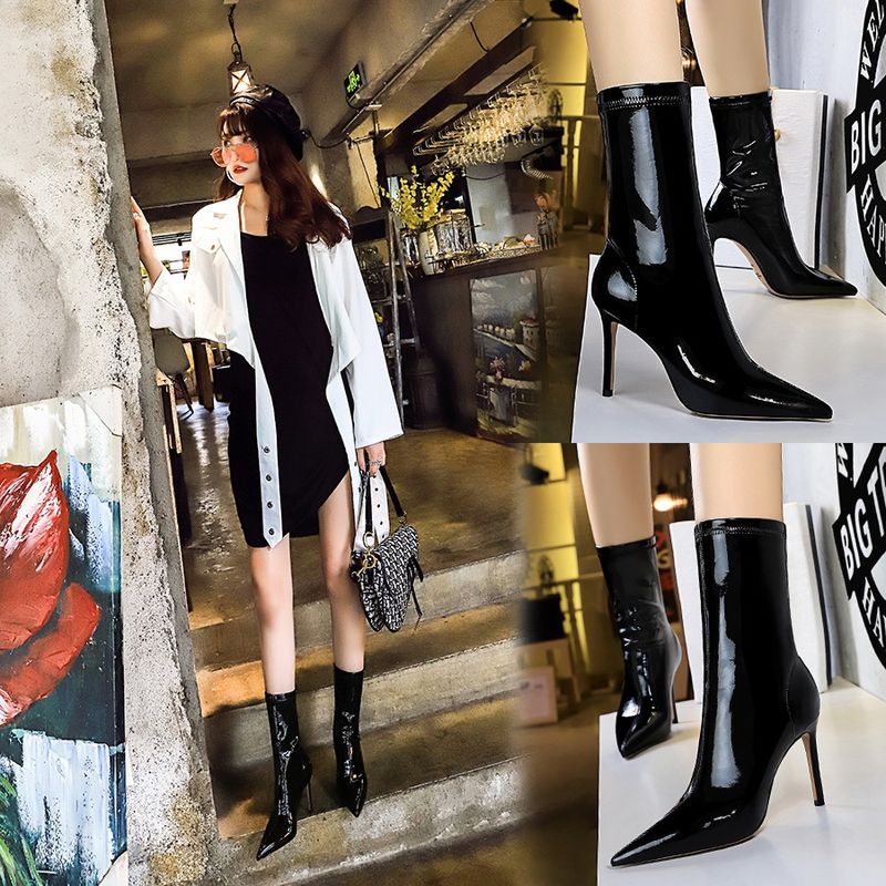 315 13 Fashion Sexy Nightclub Shiny Lacquer Leather Elastic Show Thin Pointed Short Winter Slim Boots_voghion.com