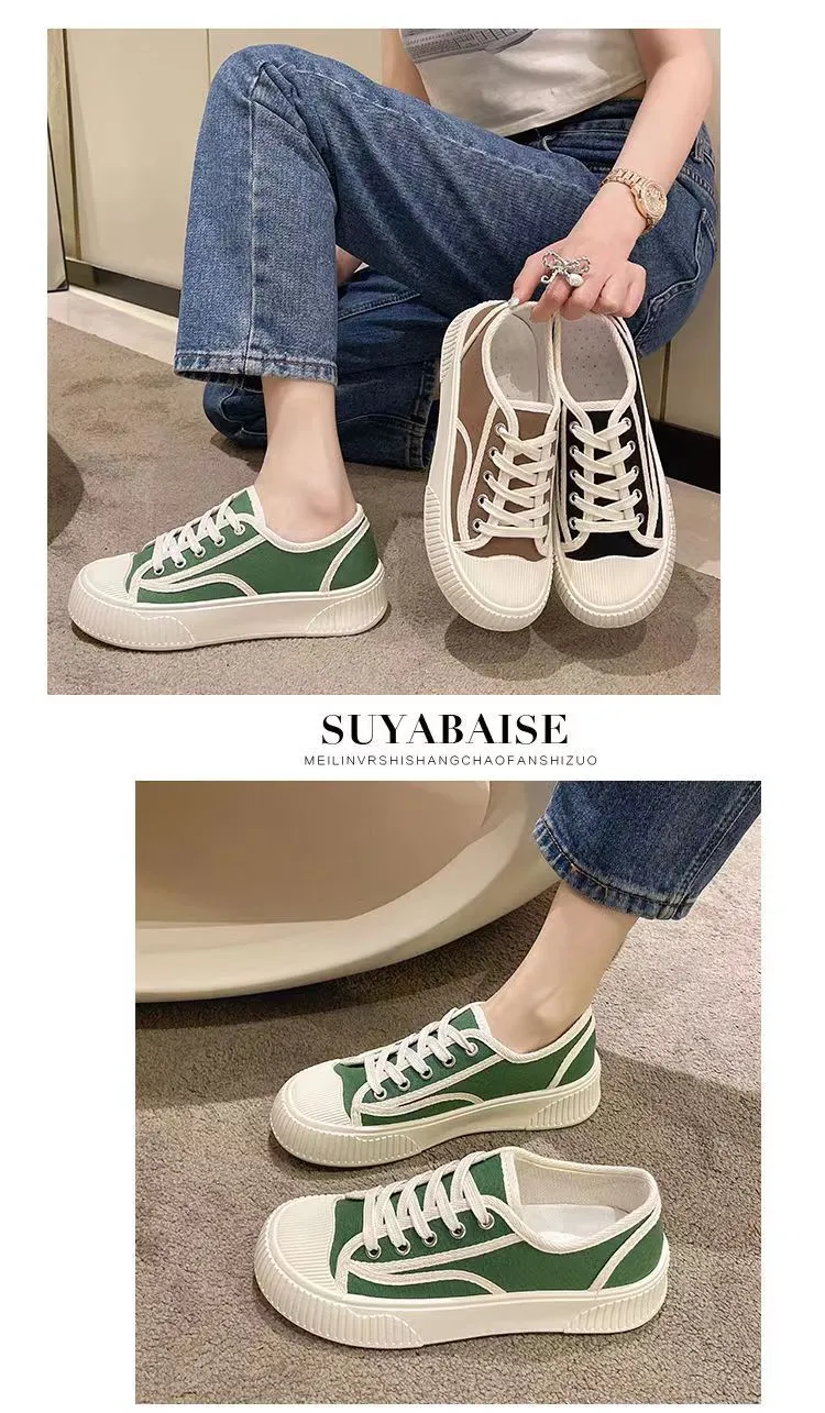 Suola spessa, testa rotonda, tela, motivo a quadri, traspirante, alla moda, casual, confortevole, antiscivolo, resistente all'usura._voghion.com